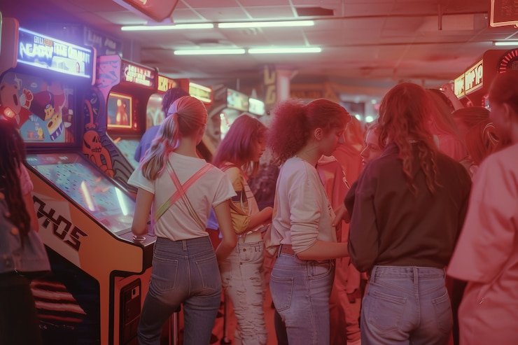 Tampilan slot dan permainan digital virtual dengan animasi warna neon dan tema modern